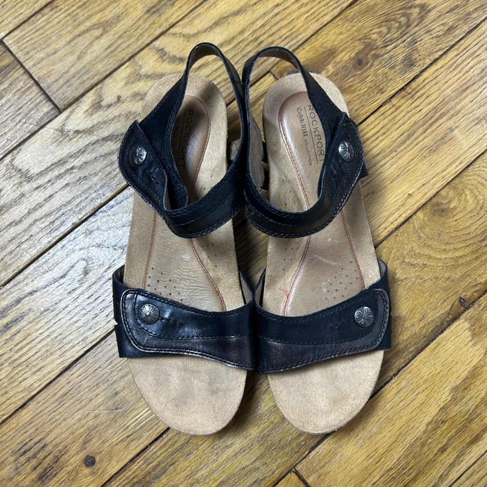 Rockport Cobb Hill Black Leather Wedge Sandals Slingback Comfort Shoes Womens 9